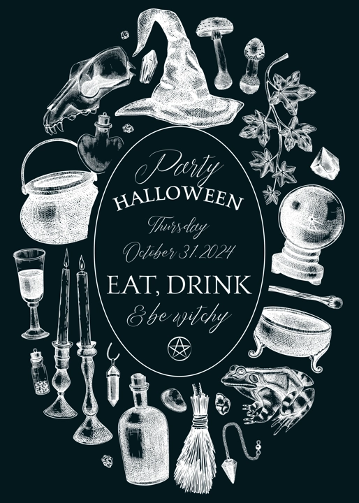 Witch party invitation design. Witchcraft frame, banner, flyer on chalkboard. Vinatge Halloween sketches. Hand-drawn vector illustration. NOT AI generated